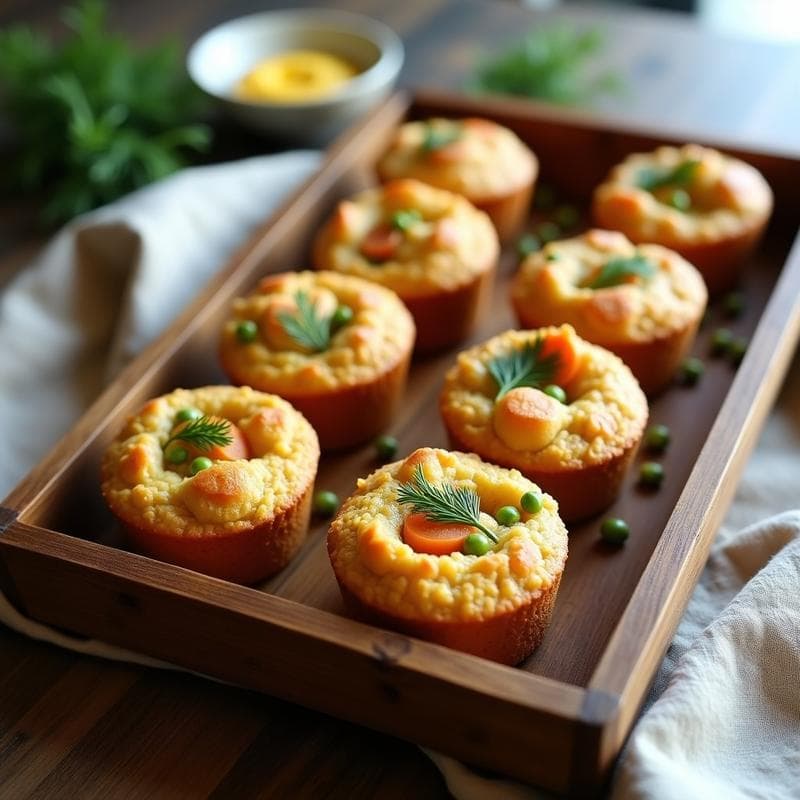 Muffins salados dorados de harina de lenteja rellenos de trozos de patata, zanahoria, pepinillo y guisantes, servidos en una bandeja de madera con eneldo fresco espolvoreado, estilo desayuno ruso alto en fibra y sin lácteos.