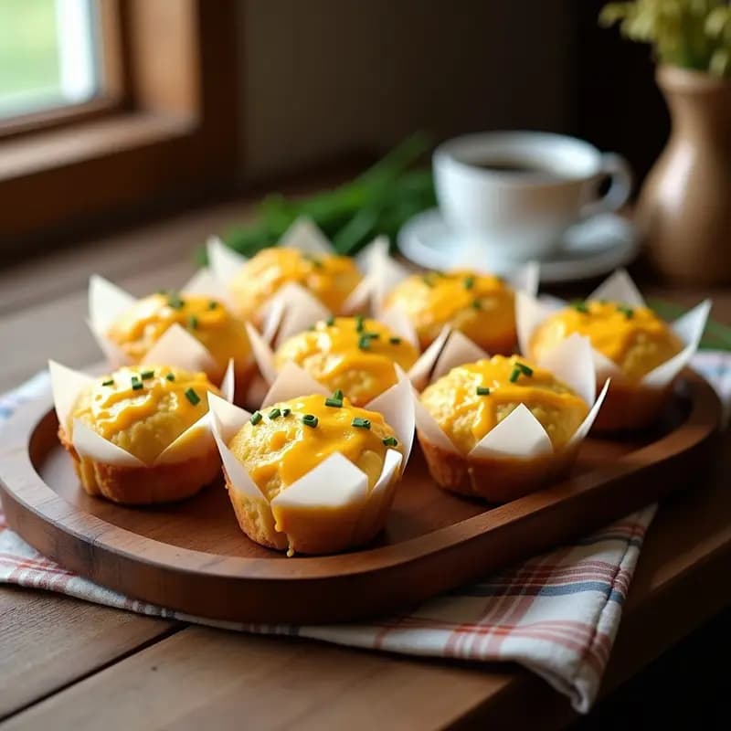 Muffins dorados de maíz y queso cheddar en molde de papel, con costra crujiente de queso fundido y cebollino picado por encima, servidos en una bandeja de madera rústica para desayuno americano salado.