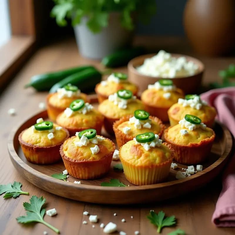 Muffins dorados de maíz y queso feta con trocitos de jalapeños verdes, servidos en una bandeja de madera rústica con cilantro fresco espolvoreado, desayuno mexicano sin gluten.