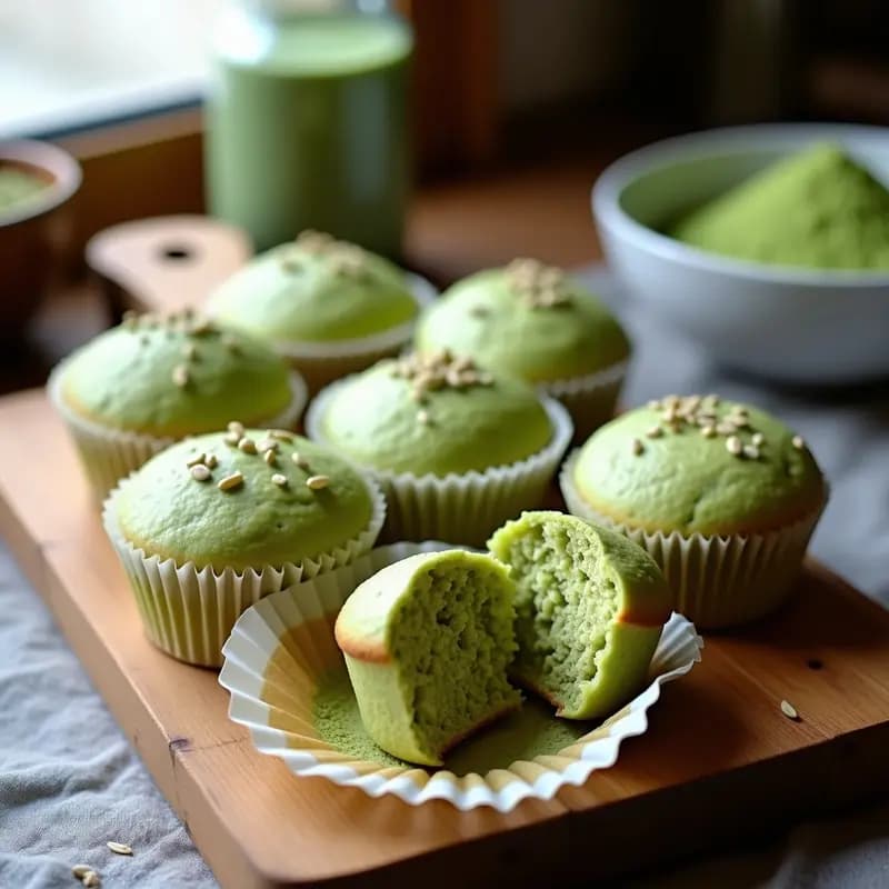 Muffins esponjosos de color verde claro con semillas de cáñamo por encima, servidos en capacillos de papel sobre una tabla de madera rústica. Receta de muffins de matcha y semillas de cáñamo keto sin azúcar.