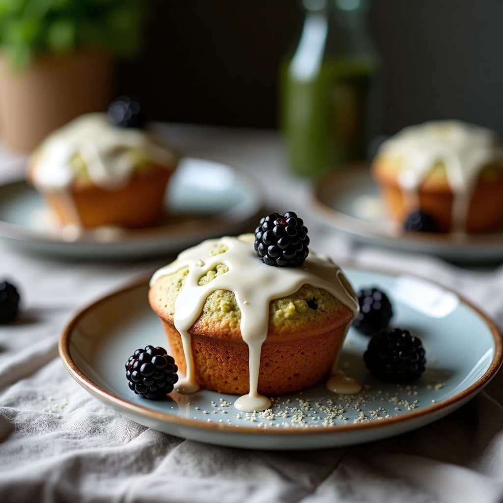 Muffins esponjosos de color verde claro con trozos de zarzamora morada, cubiertos por un glaseado blanco de coco y decorados con coco rallado y una zarzamora entera. Postre japonés sin azúcar sobre fondo rústico de madera.