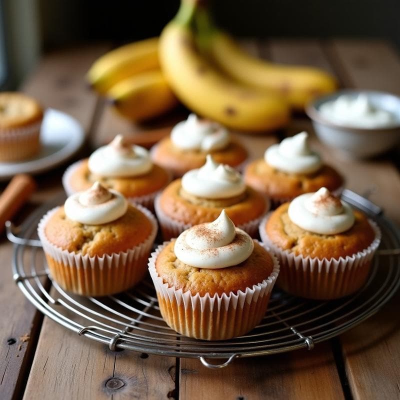 Muffins dorados de plátano y canela en capsulas de papel sobre una rejilla de metal, con cobertura cremosa de yogur griego y un espolvoreado de canela. Desayuno alto en proteína y saludable.