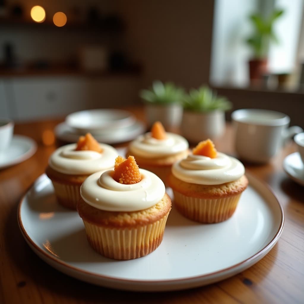 Muffins dorados de plátano y canela con frosting cremoso de anacardos, decorados con un espolvoreado de canela, servidos en capacillos de papel sobre una tabla de madera rústica.