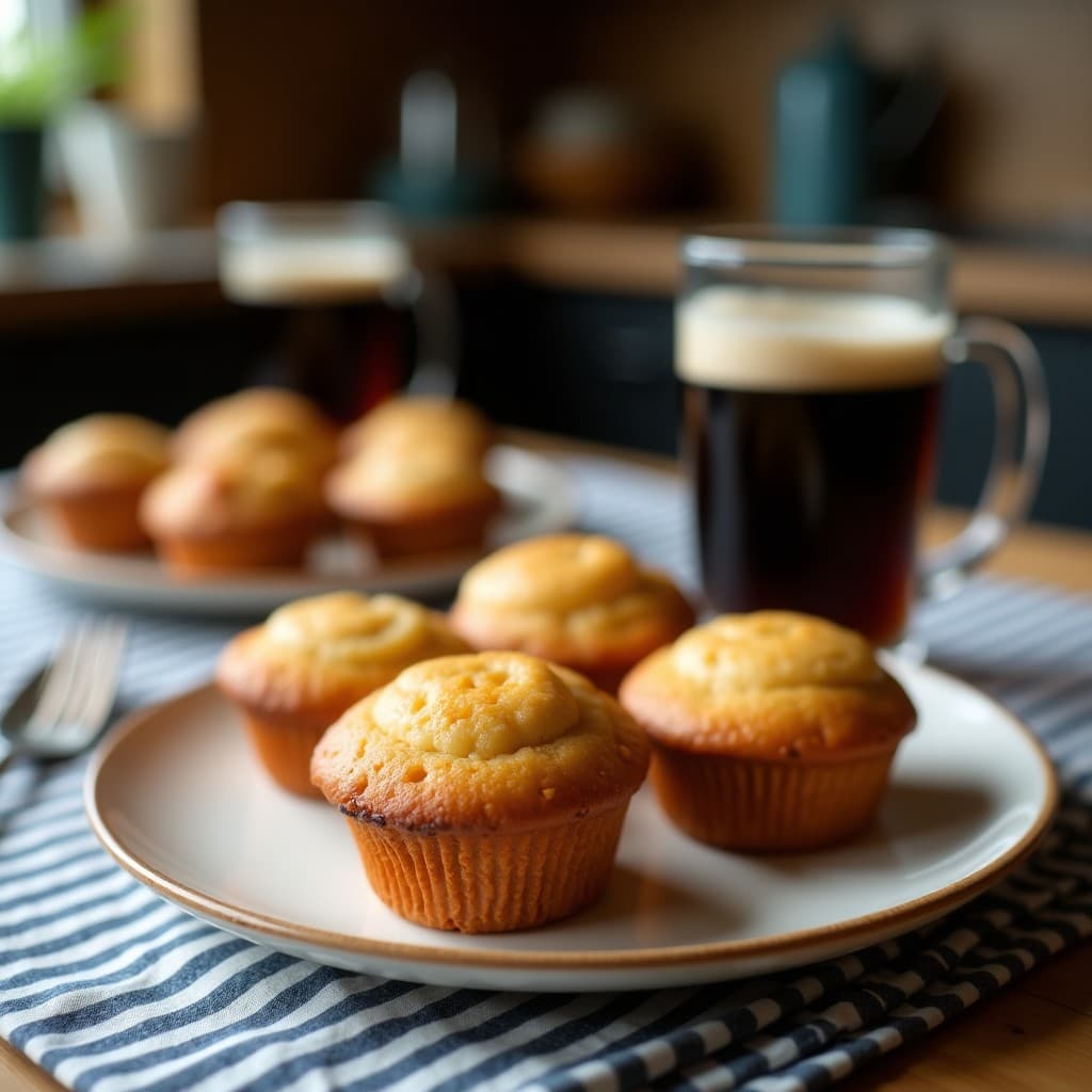 Muffins dorados y esponjosos de plátano y cerveza negra en molde de papel, con trocitos de nuez visibles, sobre una mesa de madera rústica con una pinta de cerveza irlandesa al fondo.
