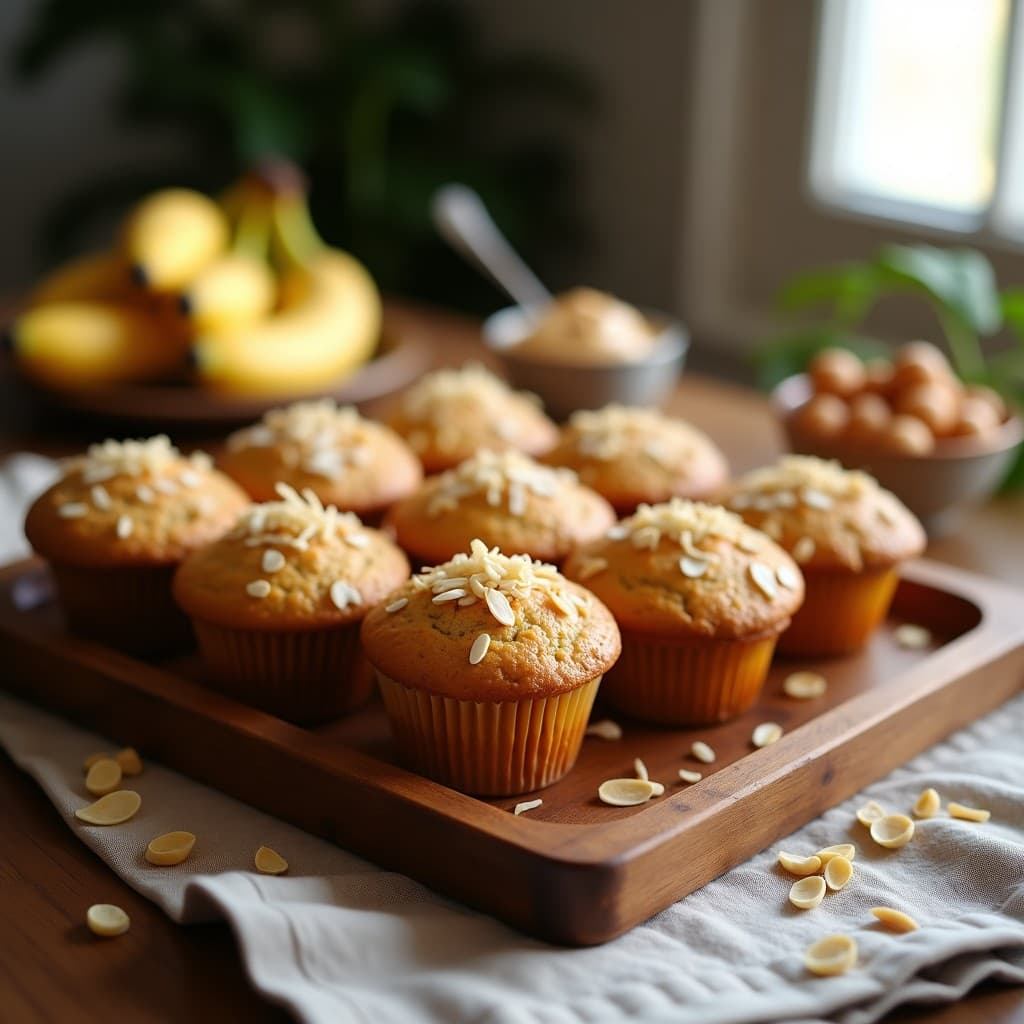 Muffins dorados de plátano macho y cacahuete sin harina, con textura esponjosa y trozos de cacahuete tostado en la superficie, servidos en un molde de papel sobre una tabla de madera rústica.