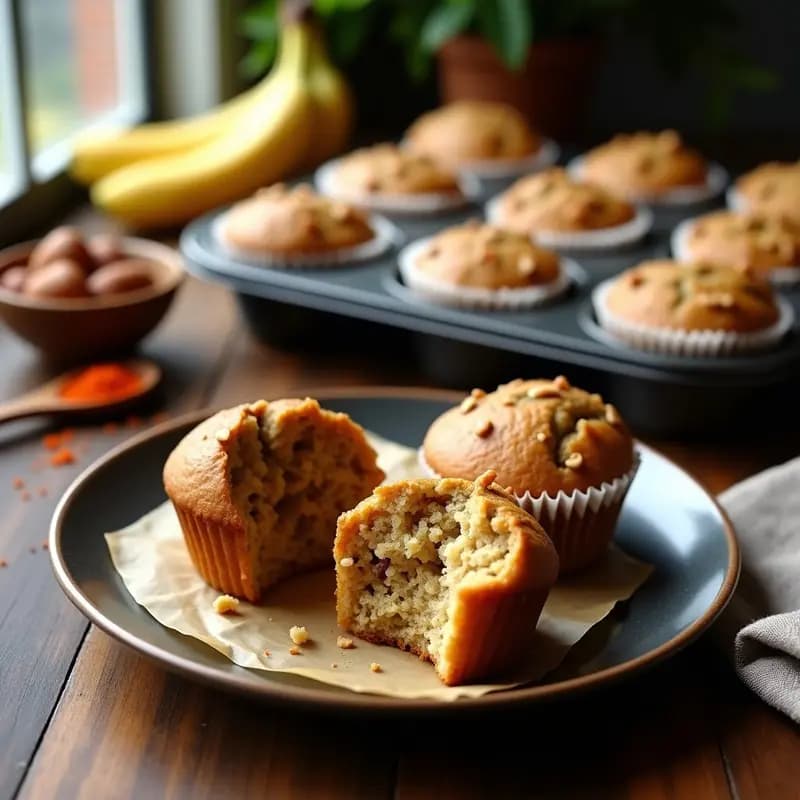 Muffins dorados de plátano y nuez con chipotle sin harina, servidos en un plato rústico de barro con migas de nuez pecana y un toque de canela espolvoreada, receta de desayuno mexicano saludable.