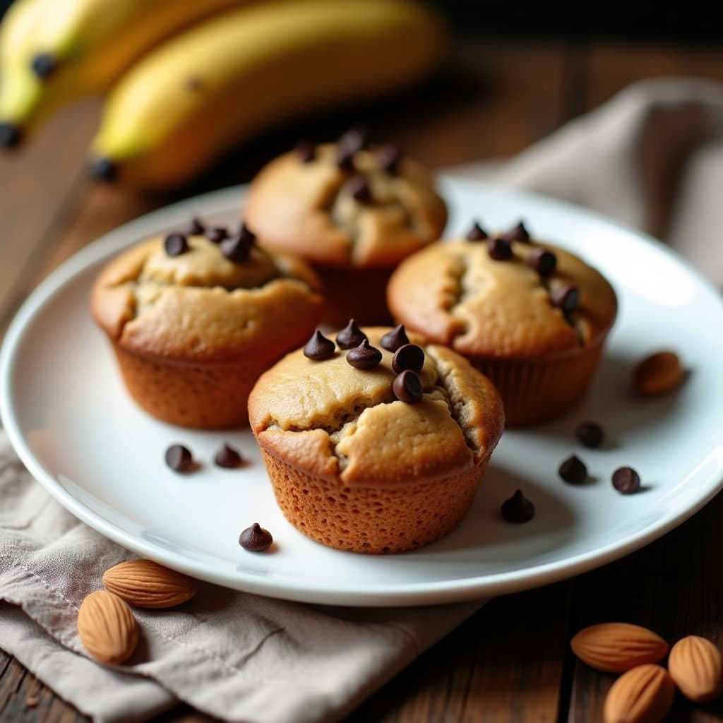 Muffins dorados de plátano y proteína en polvo con chips de chocolate negro derritiéndose en la superficie, servidos en capsulas de papel sobre una bandeja de madera rústica. Receta de desayuno o snack fitness alto en proteína.