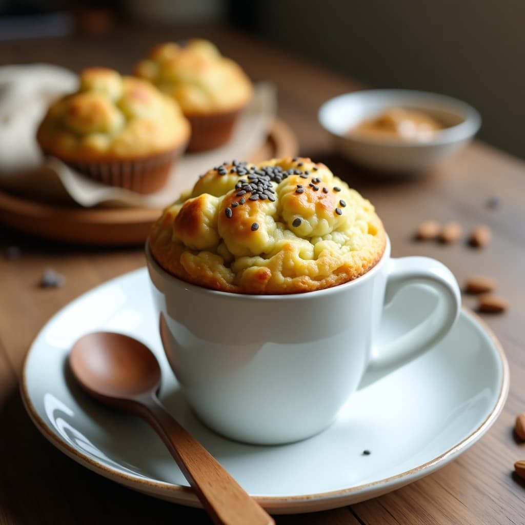 Muffin keto esponjoso en taza de cerámica blanca, con trozos visibles de calabacín, color dorado claro y textura húmeda. Acompañado de una cuchara de madera y semillas de chía espolvoreadas alrededor.