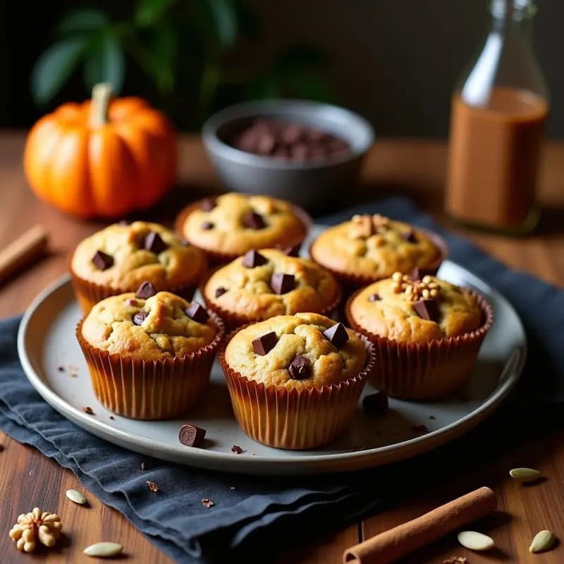 Muffins dorados de quinoa y calabaza con trozos de chocolate negro y nueces, servidos en molde de papel sobre tabla de madera rústica, desayuno andino sin gluten.