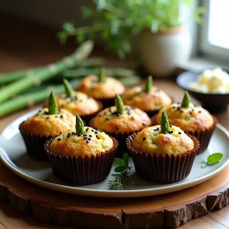 Muffins dorados de quinoa y espárragos con queso de castañas en molde de papel, espolvoreados con semillas de sésamo, sobre tabla de madera rústica con espárragos frescos y queso troceado al lado. Receta sin lactosa y alta en fibra.