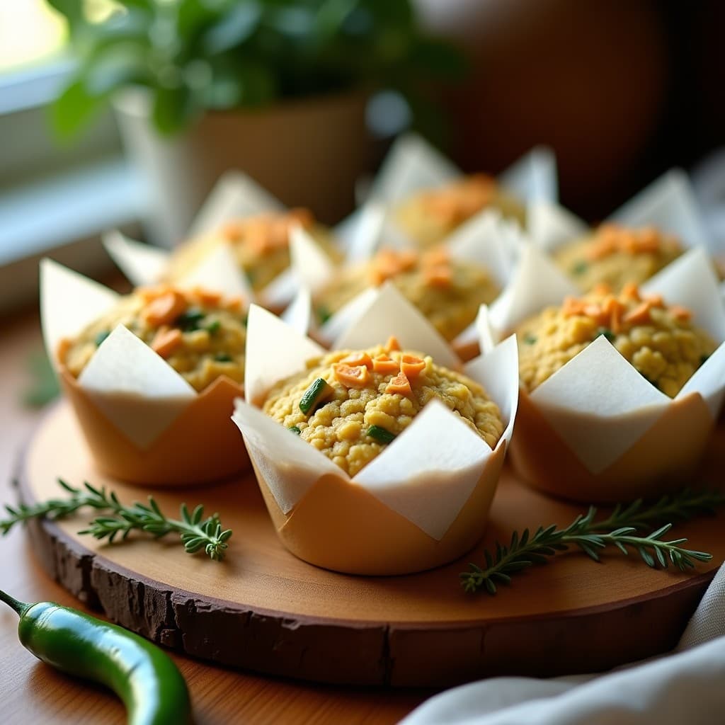 Muffins salados dorados de quinoa y pimiento del padrón en molde de papel, con trozos verdes de pimiento asomando. Queso vegano rallado en la superficie y textura esponjosa. Plato de fondo rústico de madera con hierbas frescas.