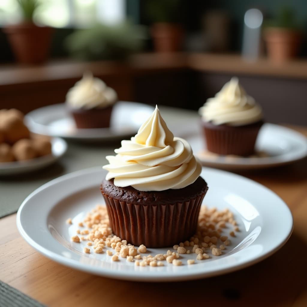Muffins veganos de remolacha y cacao con frosting de crema de cacahuete en capacillos de papel, decorados con semillas de chía y cacao en polvo, sobre una tabla de madera rústica.