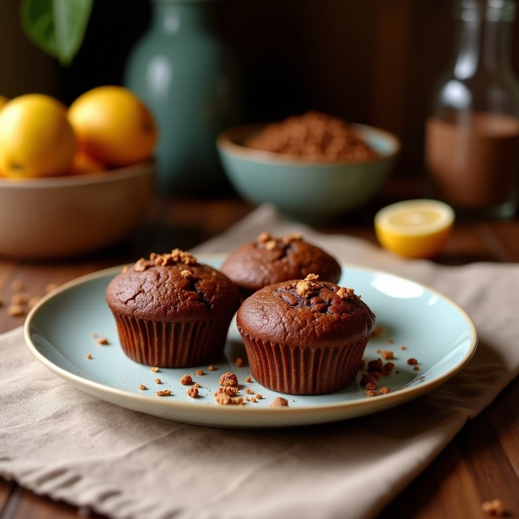 Muffins esponjosos de remolacha y cacao puro sin azúcar, con toques de nueces picadas y semillas de chía, servidos en una bandeja rústica de madera con fondo de cacao en polvo espolvoreado.