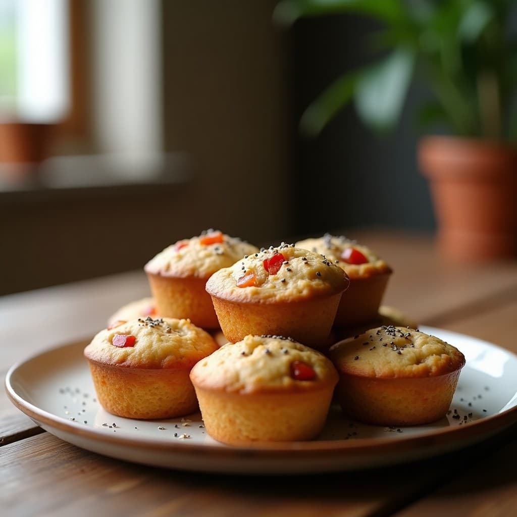 Muffins salados dorados de avena y pimientos asados en molde metálico, con semillas de chía por encima, servidos en tupper transparente sobre fondo de madera rústica.