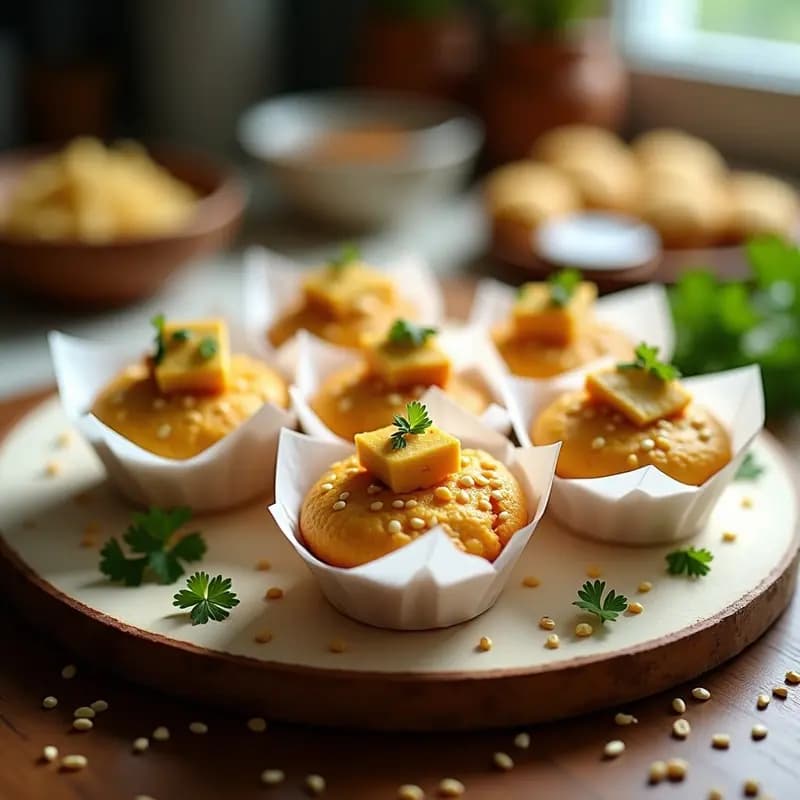 Muffins salados dorados con trozos crujientes de queso halloumi, semillas de sésamo y perejil fresco, servidos en cápsulas de papel sobre una tabla de madera rústica. Receta de muffins de calabacín y halloumi alta en proteína.