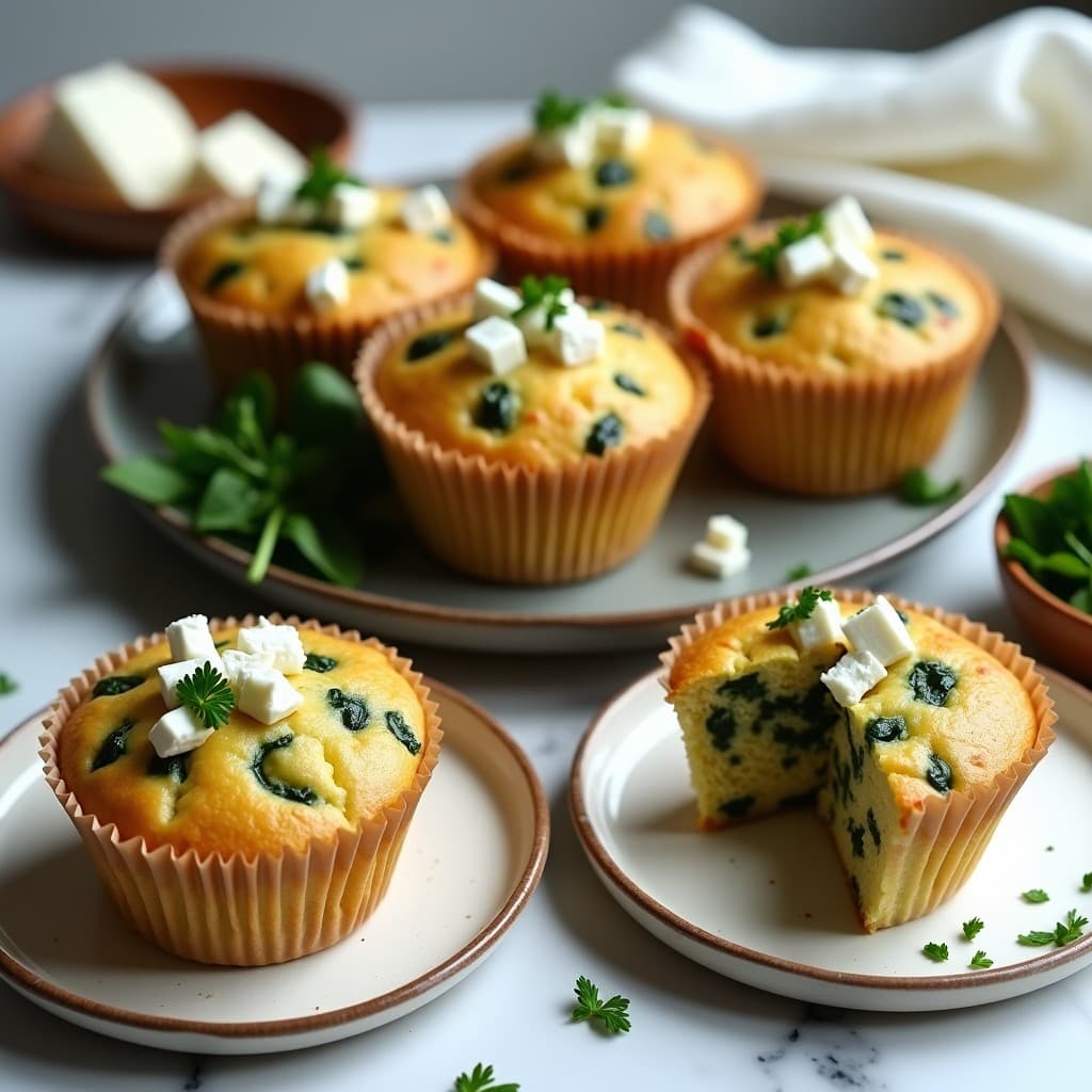 Muffins salados dorados de espinaca y feta keto en molde de papel, con trocitos de queso feta visible y perejil fresco espolvoreado, receta griega para desayunar.