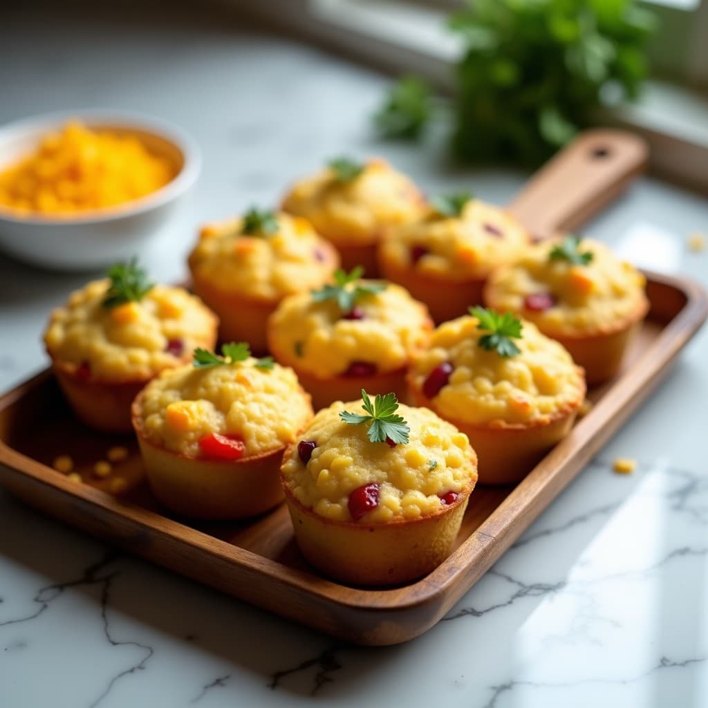 Muffins salados dorados de maíz y queso sin harina, servidos en bandeja rústica de madera con cilantro fresco espolvoreado, receta alta en fibra y lista en 20 minutos.