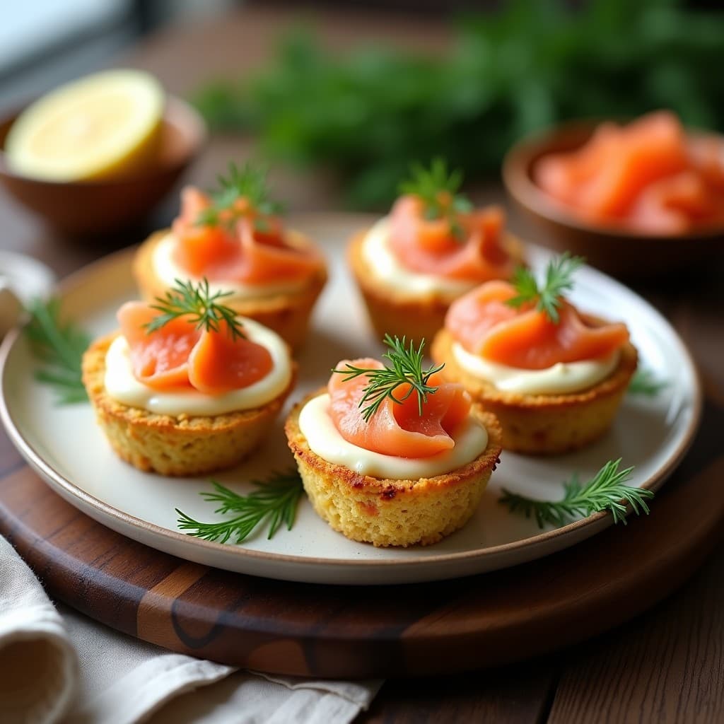 Muffins dorados de salmón ahumado y queso crema con base crujiente de coliflor, servidos en molde de silicona sobre tabla de madera, decorados con eneldo fresco y rodajas de limón.