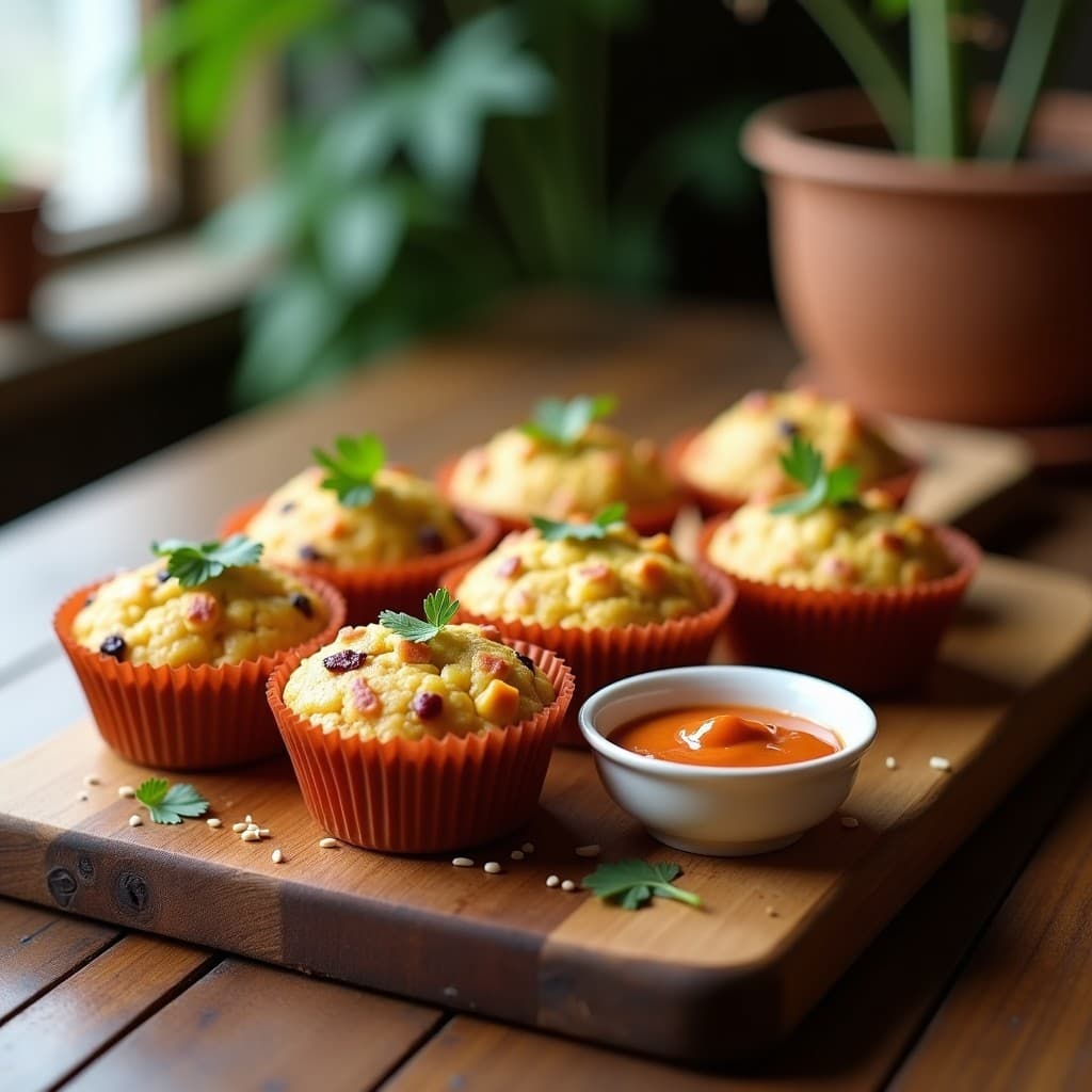 Muffins dorados de yuca y bacon vegano en moldes de silicona, servidos en una tabla de madera rústica con un bol pequeño de salsa chipotle cremosa al lado. Decorados con semillas de sésamo y cilantro fresco. Desayuno sin gluten y vegano preparado en airfryer.