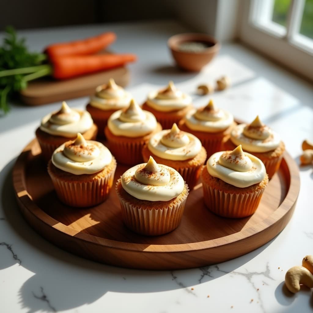 Muffins dorados de zanahoria y semillas de chía con frosting cremoso de anacardos sobre una bandeja de madera, postre saludable sin azúcar.