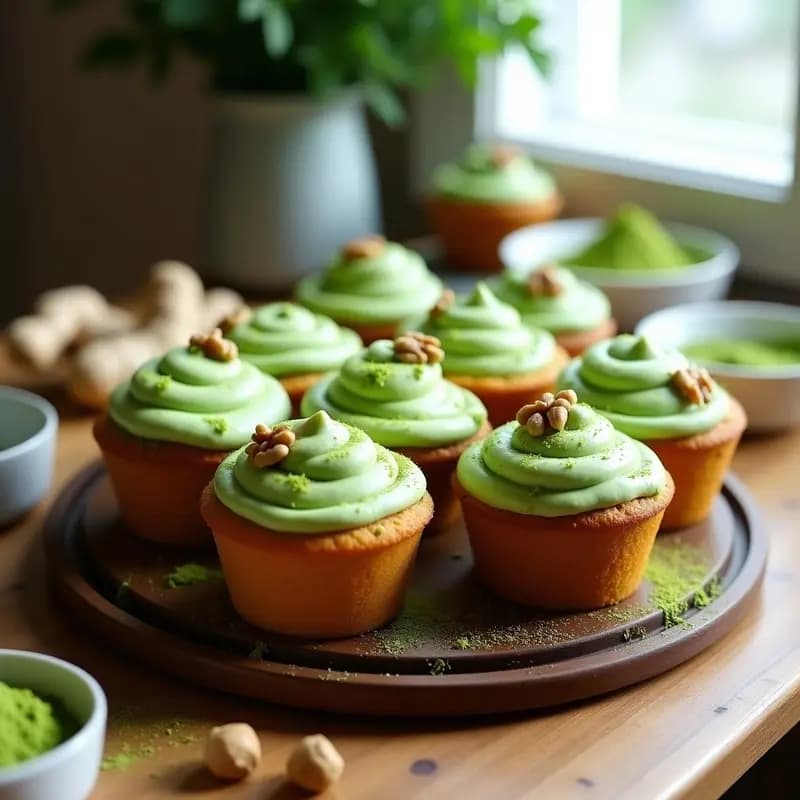 Muffins de zanahoria y jengibre con glaseado verde de matcha sobre una rejilla de enfriado, con migas de nuez y polvo de matcha espolvoreado. Postre sin azúcar y sin gluten, esponjoso y con textura húmeda.
