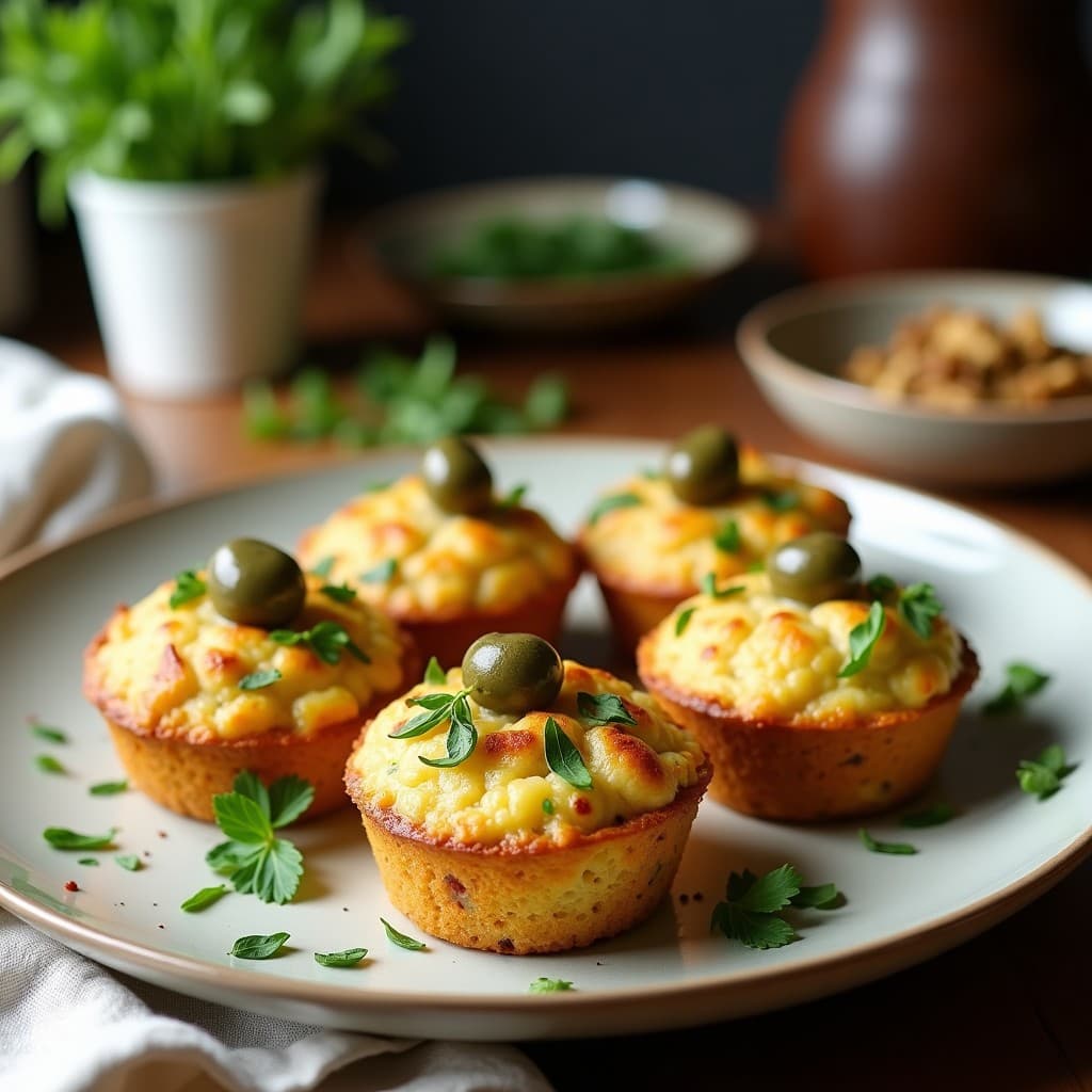 Muffins dorados y esponjosos de zucchini y aceitunas negras en airfryer, con semillas de sésamo y queso feta desmenuzado, servidos en una bandeja de madera rústica con hierbas frescas al lado.