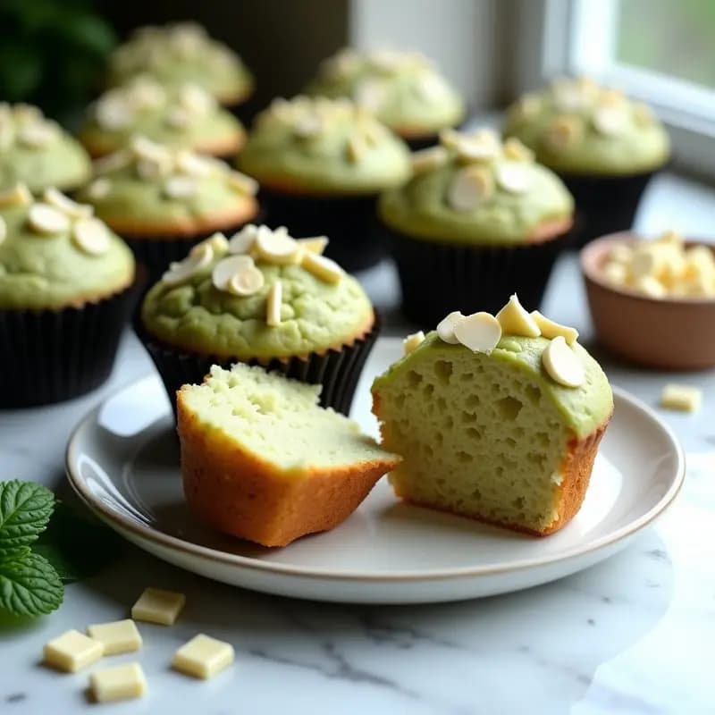 Muffins esponjosos de zucchini y chocolate blanco sin azúcar en cápsulas negras, con trozos de chocolate derretido y almendras fileteadas. Plato blanco con hojas de menta y virutas de chocolate como decoración. Receta de desayuno saludable y viral.
