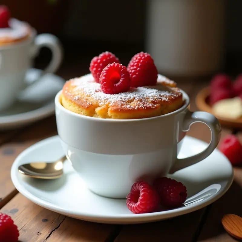 Mug Cake esponjoso en taza blanca con frambuesas frescas asomando, espolvoreado con harina de almendra y servido con cuchara de postre, receta de postre francés rápido sin horno.