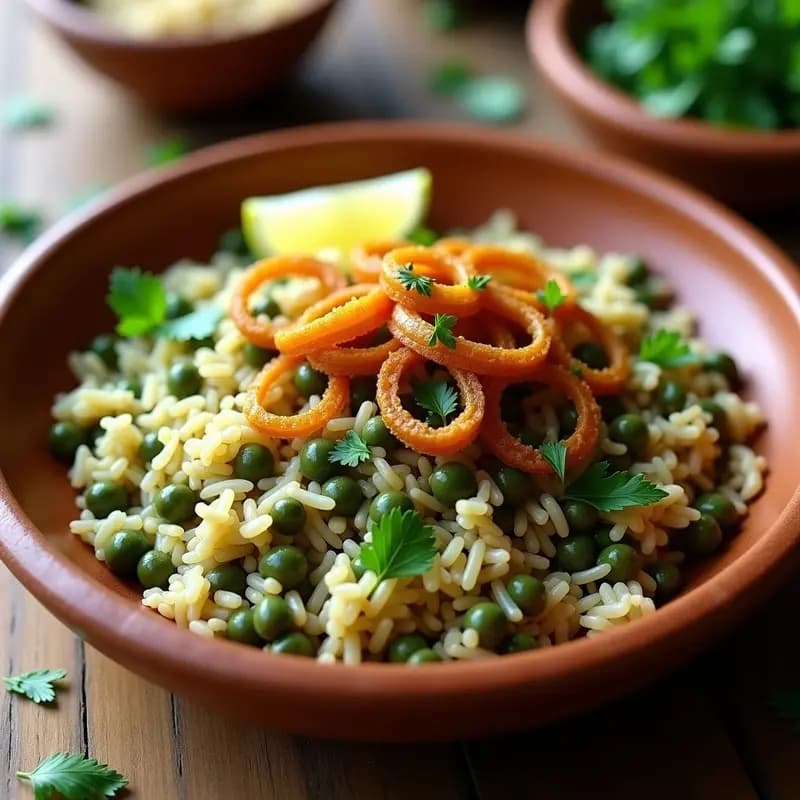 Plato hondo de barro con Mujadara de lentejas verdes y arroz basmati, coronada con cebollas doradas crujientes y perejil fresco picado. Textura esponjosa del arroz mezclado con lentejas enteras, acompañada de rodajas de limón al lado.
