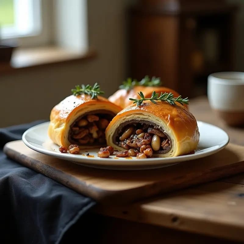 Mushroom Wellington Vegano cortado en porciones, mostrando el relleno de Hongos Portobello y duxelles de setas envuelto en hojaldre dorado y crujiente, servido sobre un plato blanco con hierbas frescas.