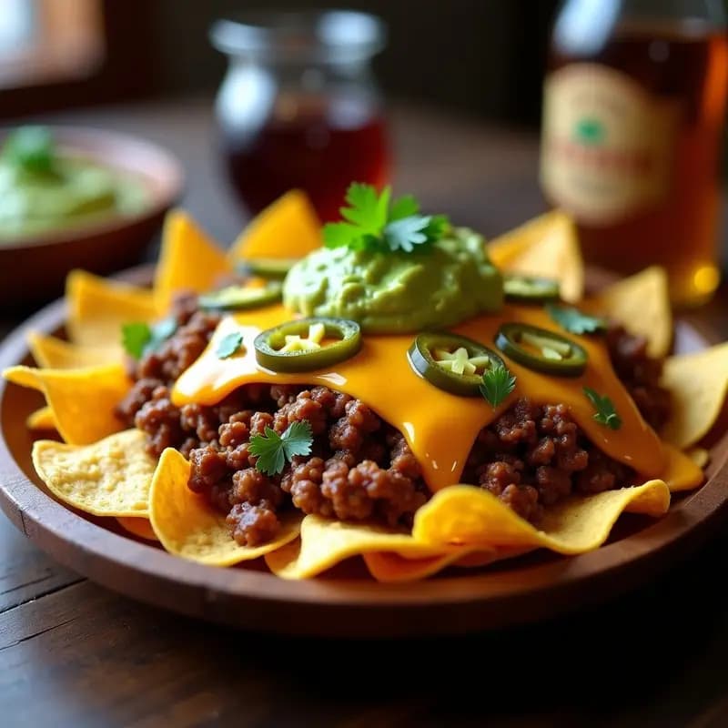 Bandeja de nachos dorados cubiertos con carne de res jugosa, queso nacho fundido y burbujeante, jalapeños en rodajas y guacamole cremoso, servidos en un plato rústico para compartir.