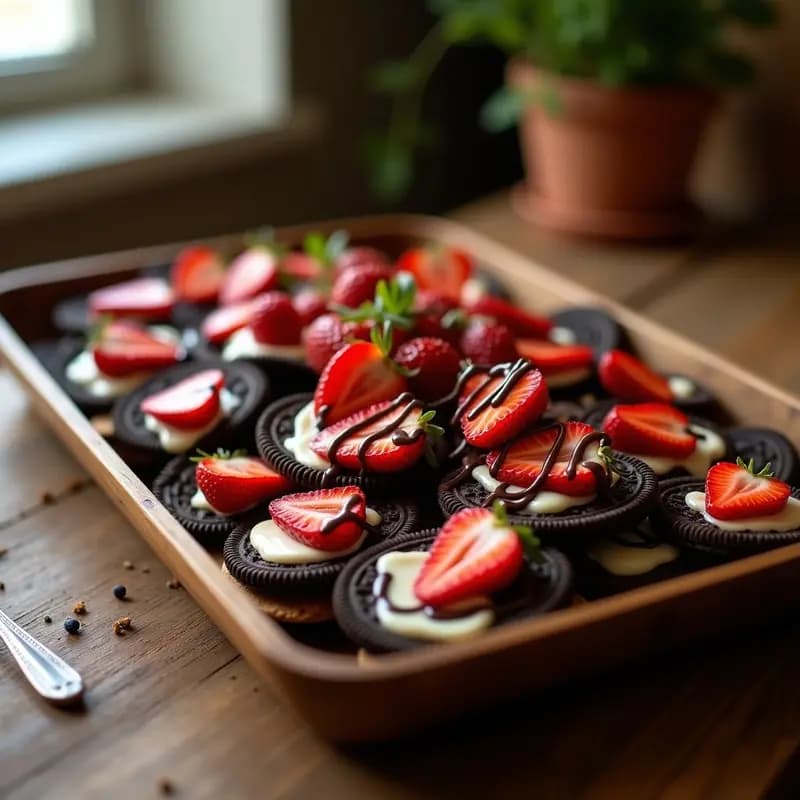 Bandeja de nachos crujientes hechos con galletas Oreo, cubiertos de queso fundido cremoso y láminas de fresas frescas, con hilos de chocolate negro derretido por encima. Receta de aperitivo dulce-salado adictivo.