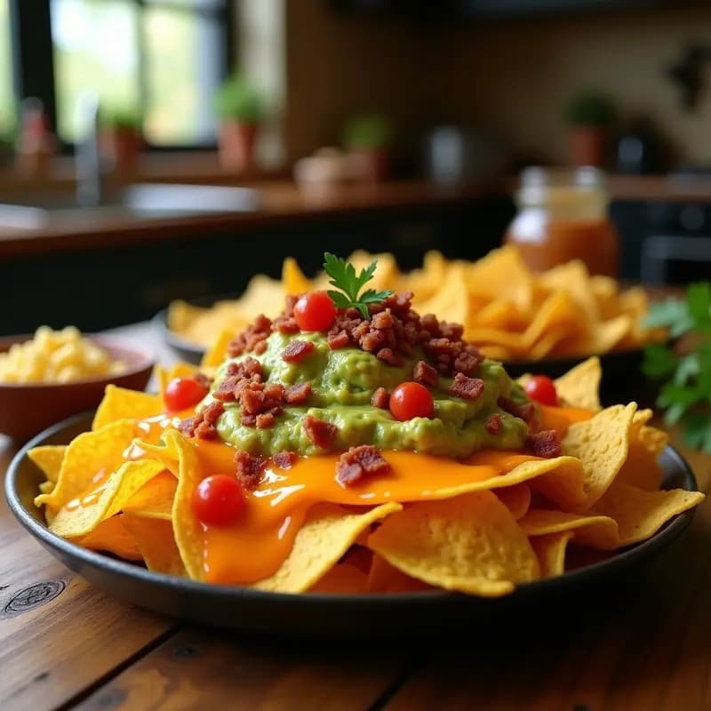 Bandeja de nachos dorados cubiertos de queso fundido naranja intenso de Cheetos, guacamole cremoso con trozos de tocino crujiente y cilantro fresco. Snack ultra adictivo para compartir.