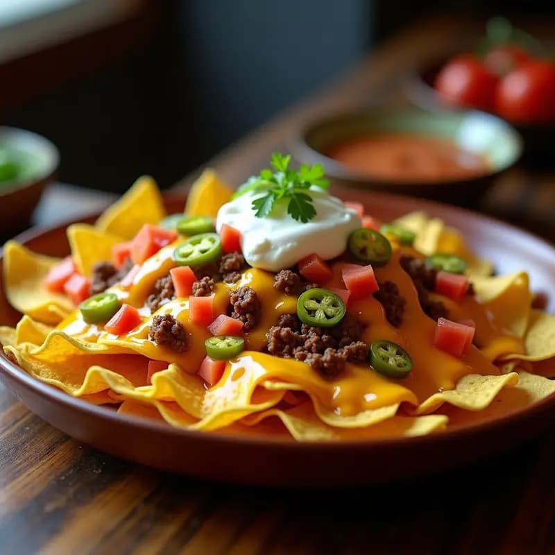 Bandeja de nachos dorados con queso fundido de tres tipos burbujeante, carne de taco especiada, jalapeños en escabeche, tomate fresco y crema agria, receta Tex-Mex para compartir.
