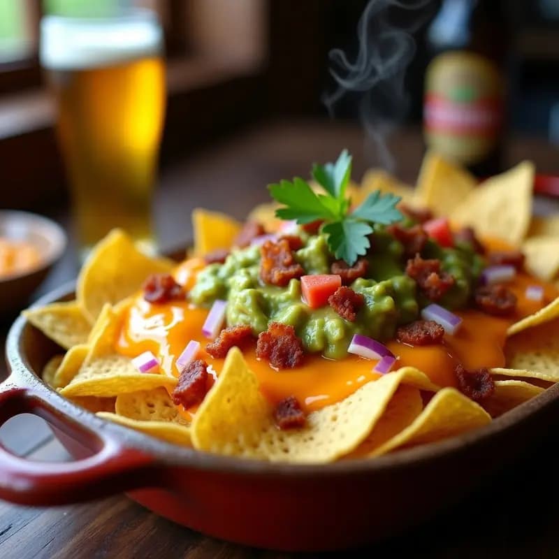 Bandeja de nachos dorados cubiertos con queso líquido de tres tipos burbujeante, guacamole cremoso con trozos de bacon crujiente y cilantro fresco, receta para ver el partido.