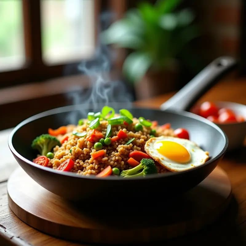 Plato hondo de cerámica negra con Nasi Goreng de arroz integral, huevo revuelto y verduras salteadas en wok, decorado con cilantro fresco y rodajas de limón, con fondo de madera rústica.