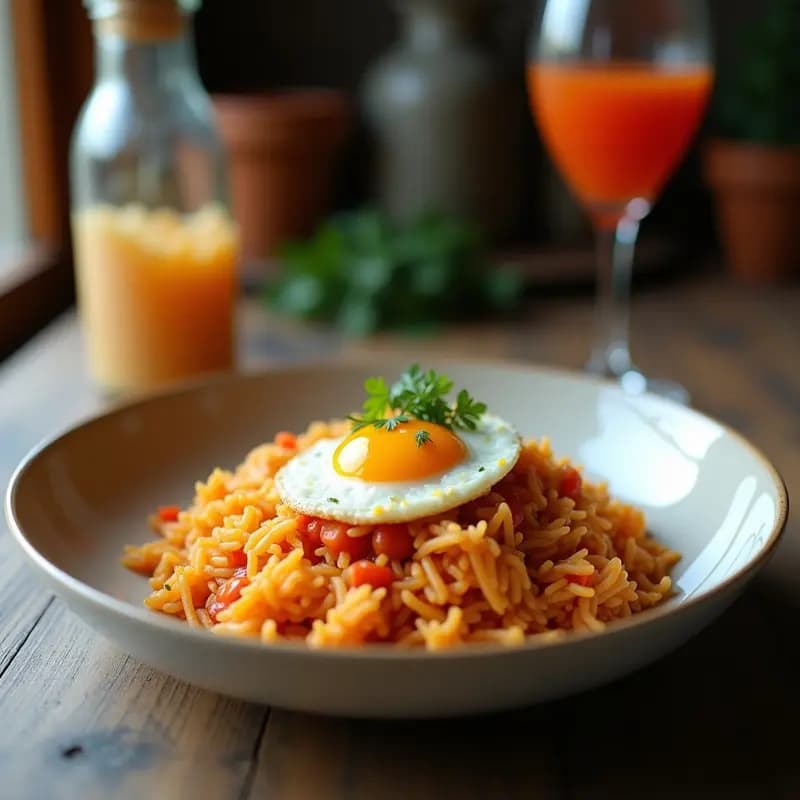 Plato hondo de cerámica negra con Nasi Goreng indonecio: arroz frito dorado con tiras de pollo, huevo frito con yema líquida encima, espolvoreado de cacahuetes tostados y cebollino fresco, acompañado de sambal oelek rojo en un cuenco pequeño al lado. Textura crujiente y colores vibrantes.