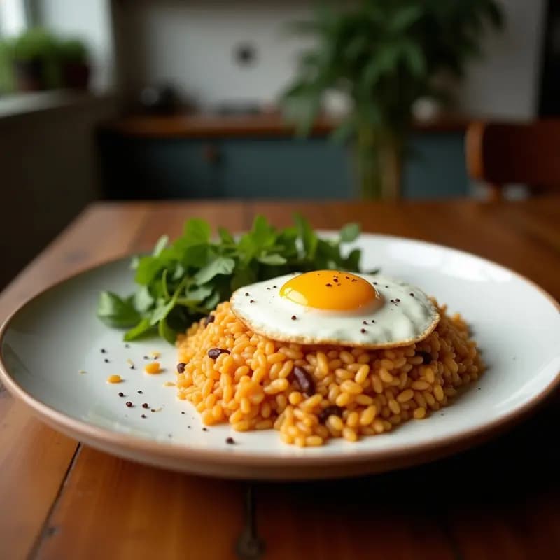 Plato hondo de cerámica negra con Nasi Goreng Indomesio vegano: arroz dorado salteado con tempeh crujiente, huevo vegano en tiras, verduras coloridas y decorado con cilantro fresco y semillas de sésamo. Fondo con limón y salsa kecap manis.