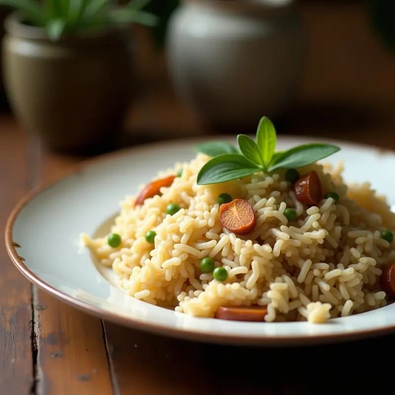 Plato de Nasi Ulam malasio con arroz basmati aromatizado, hierbas frescas picadas como menta, cilantro y albahaca, coco rallado y cacahuetes tostados, servido en hoja de plátano con rodajas de limón.