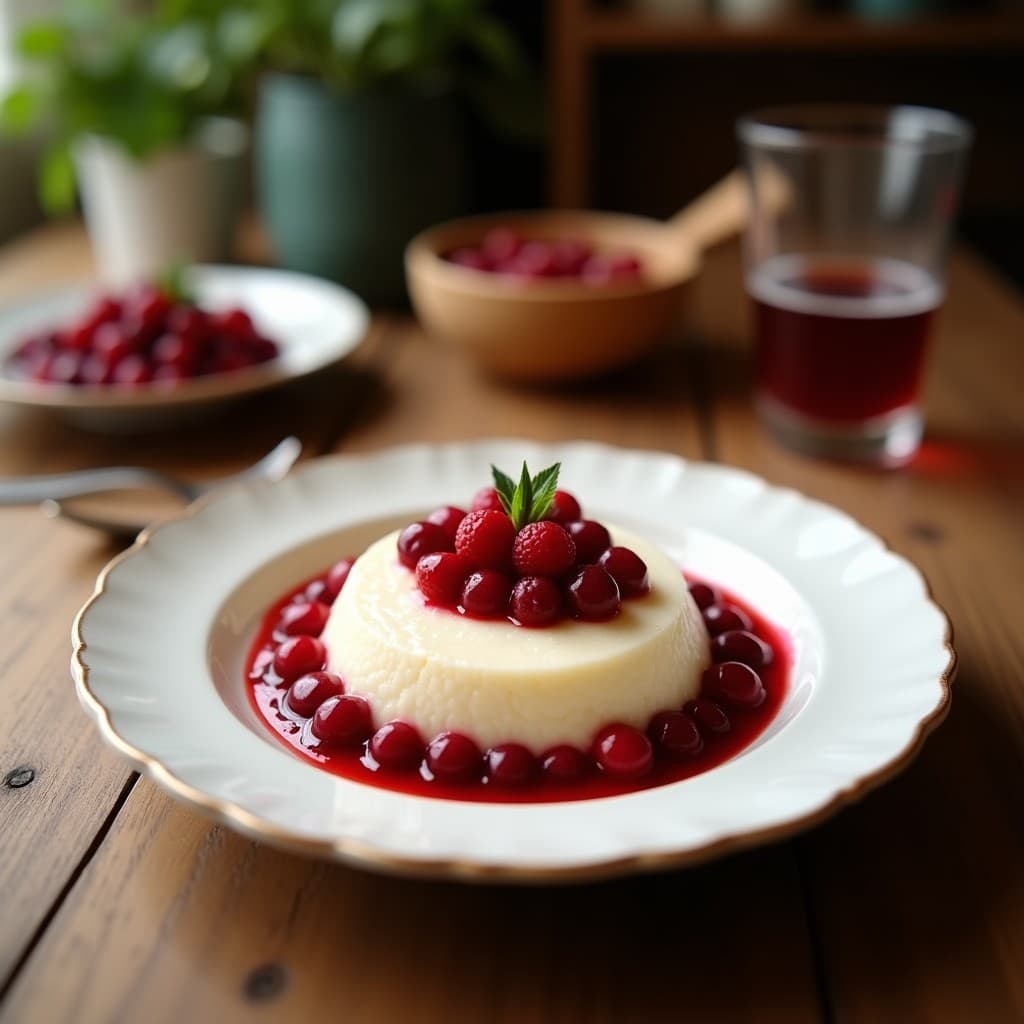 Vasitos transparentes con natillas de coco y chía en capas, decoradas con frutos rojos frescos y coco rallado, postre vegano y sin lactosa.