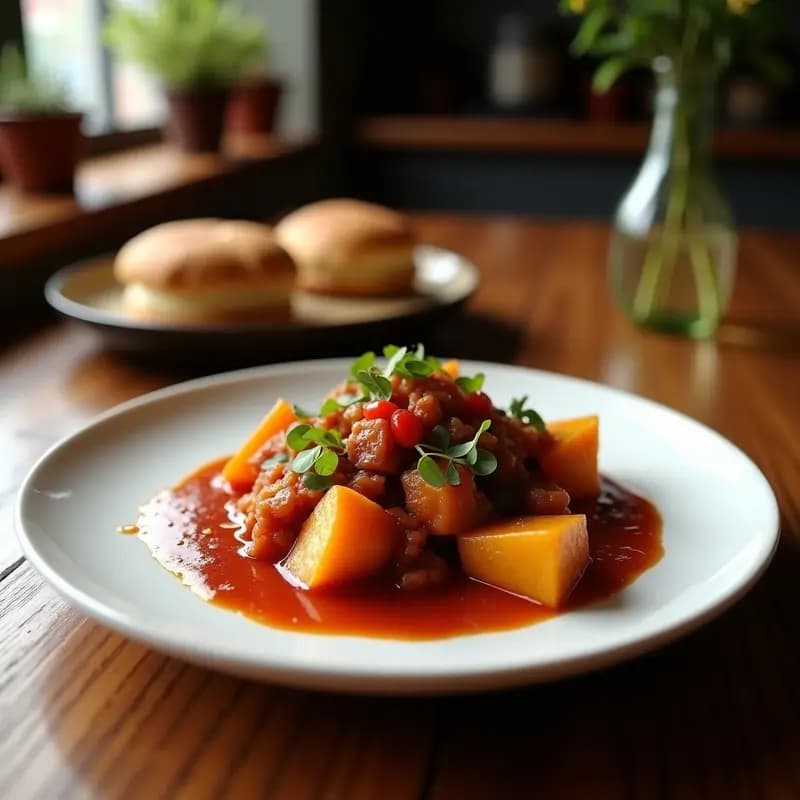 Plato blanco con ñoquis de batata morada y harina de almendra, de color lila intenso, servidos con un hilo de aceite de oliva virgen extra y hojas de albahaca fresca. Receta sin gluten y rica en antioxidantes.