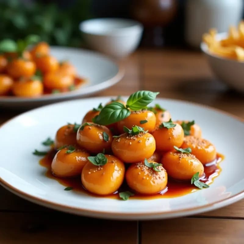 Plato blanco con ñoquis de batata morada y queso de cashews dorados en airfryer, servidos con hierbas frescas y un chorrito de aceite de oliva, receta vegana colorida y saludable.