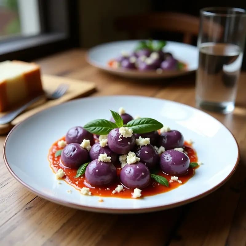 Plato de ñoquis de batata morada y queso feta sin gluten, con un color violeta intenso, salteados en sartén con mantequilla y hojas de salvia crujientes, servidos en un plato blanco rústico.