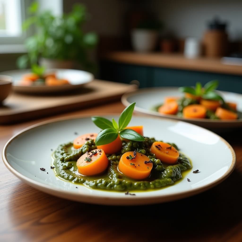 Plato blanco con ñoquis de boniato y harina de coco dorados, cubiertos de un vibrante pesto de albahaca morada, decorados con piñones y hojas de albahaca fresca. Receta vegana y sin gluten.