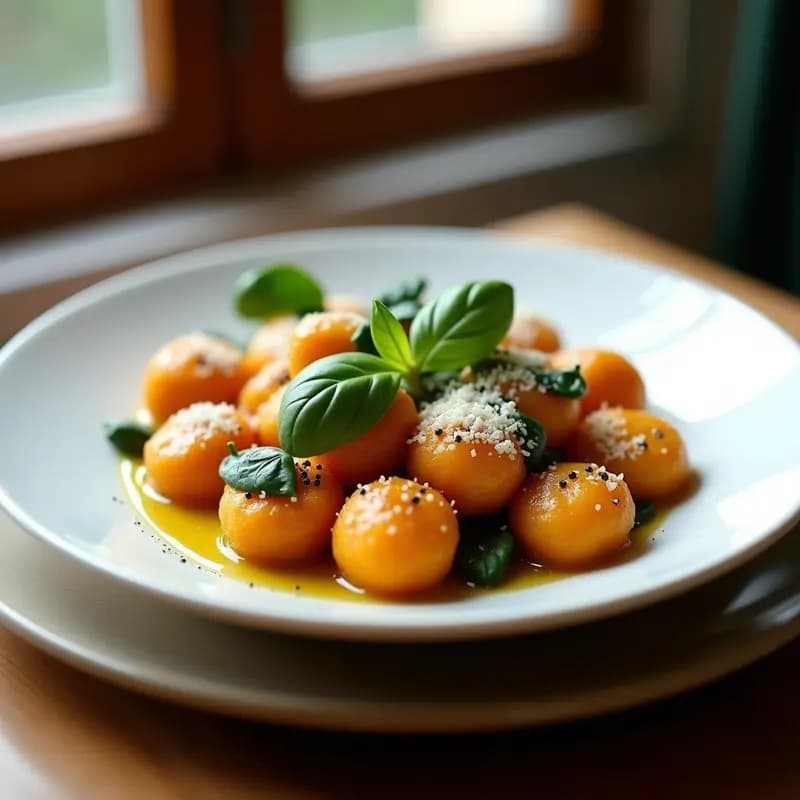 Plato blanco con ñoquis de boniato y espinacas bañados en salsa de aceite de trufa, decorados con virutas de almendra y perejil fresco.