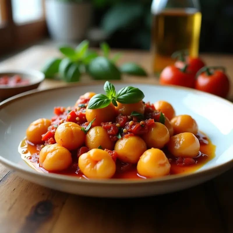 Plato blanco con ñoquis de boniato y harina de garbanzo bañados en salsa de tomates secos, decorados con hojas de albahaca fresca y un hilo de aceite de oliva virgen extra.