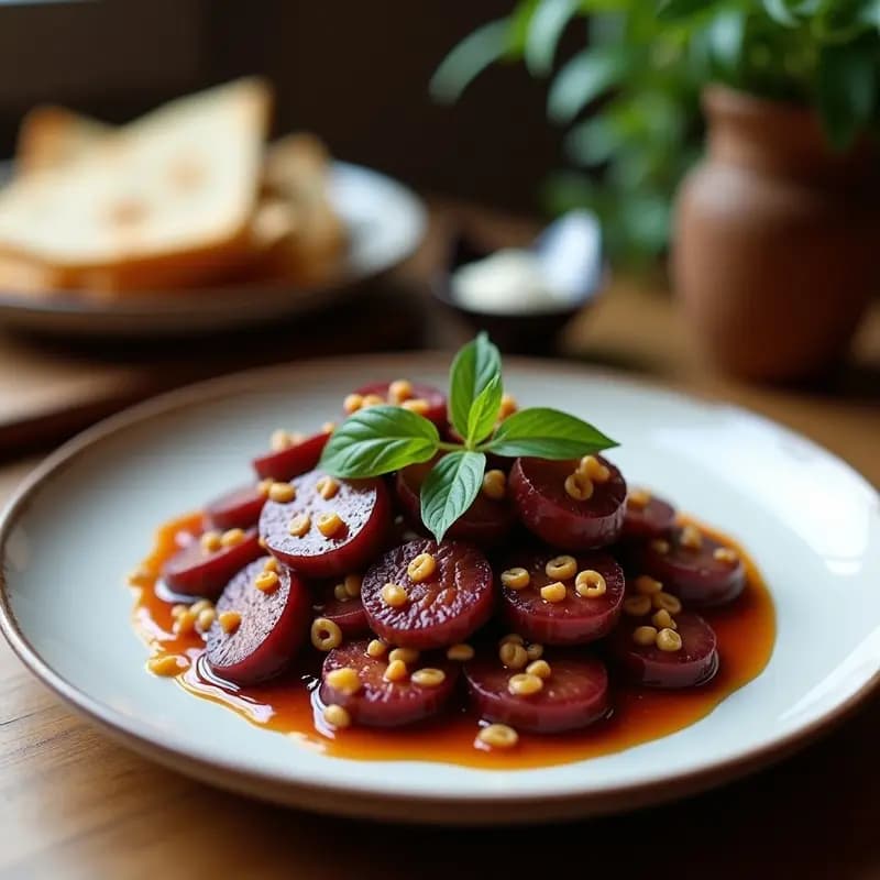 Plato blanco con ñoquis de boniato morado de color vibrante, bañados en una salsa cremosa de nueces y salvia, decorados con hojas frescas de salvia y un chorrito de aceite de oliva. Receta italiana keto sin gluten.