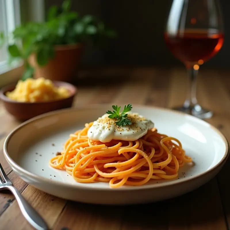 Plato blanco con ñoquis de coliflor y queso ricotta bañados en una salsa cremosa de nueces, decorados con perejil fresco y virutas de parmesano. Receta italiana keto y sin gluten.