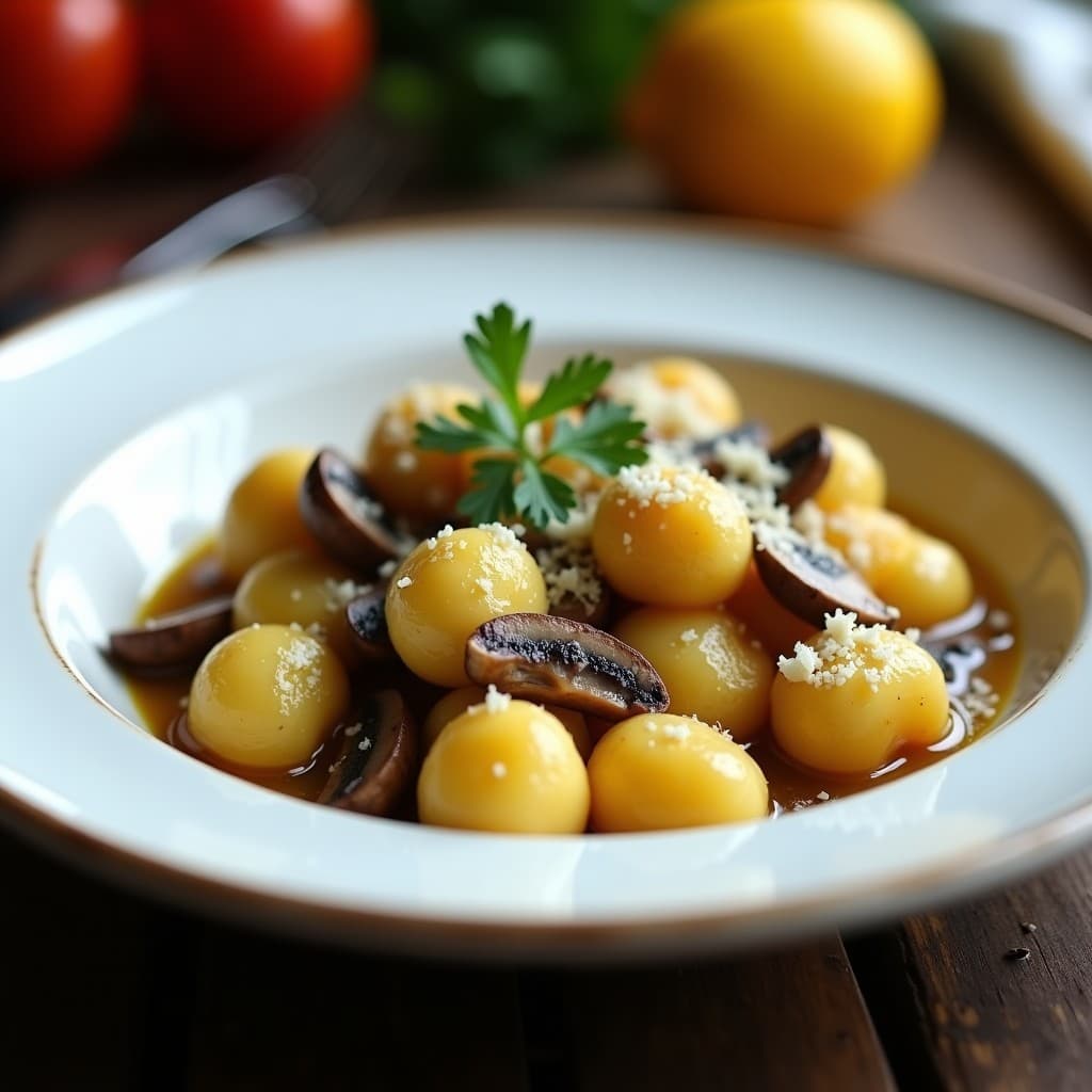 Plato blanco elegante con ñoquis de coliflor dorados bañados en una salsa cremosa de color dorado por el azafrán, acompañados de trozos de hongos porcini y champiñones, decorados con virutas de parmesano y perejil fresco. Receta italiana keto sin gluten.