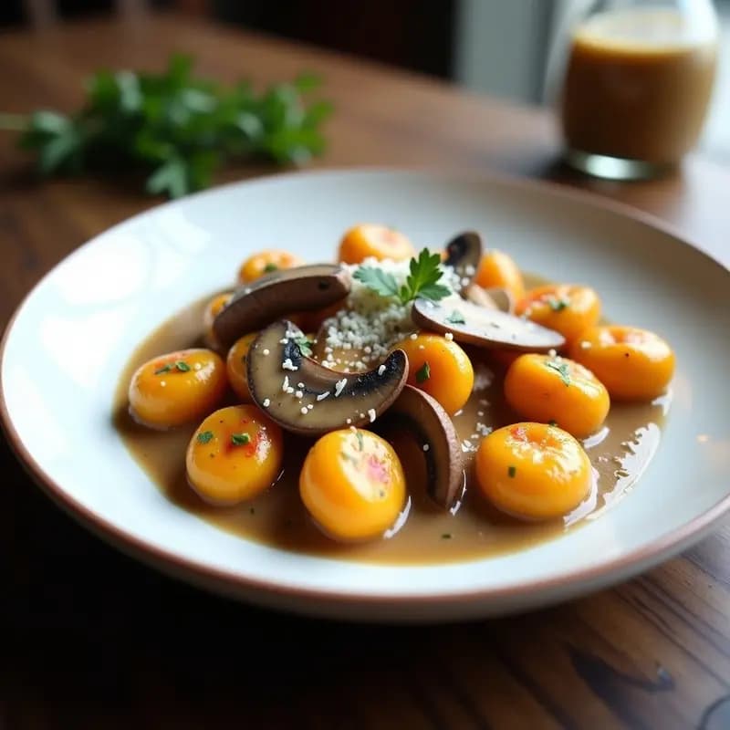 Plato blanco con ñoquis dorados de coliflor y sweet potato, bañados en una salsa cremosa de champiñones, decorados con perejil fresco y virutas de parmesano. Receta keto en 25 minutos.